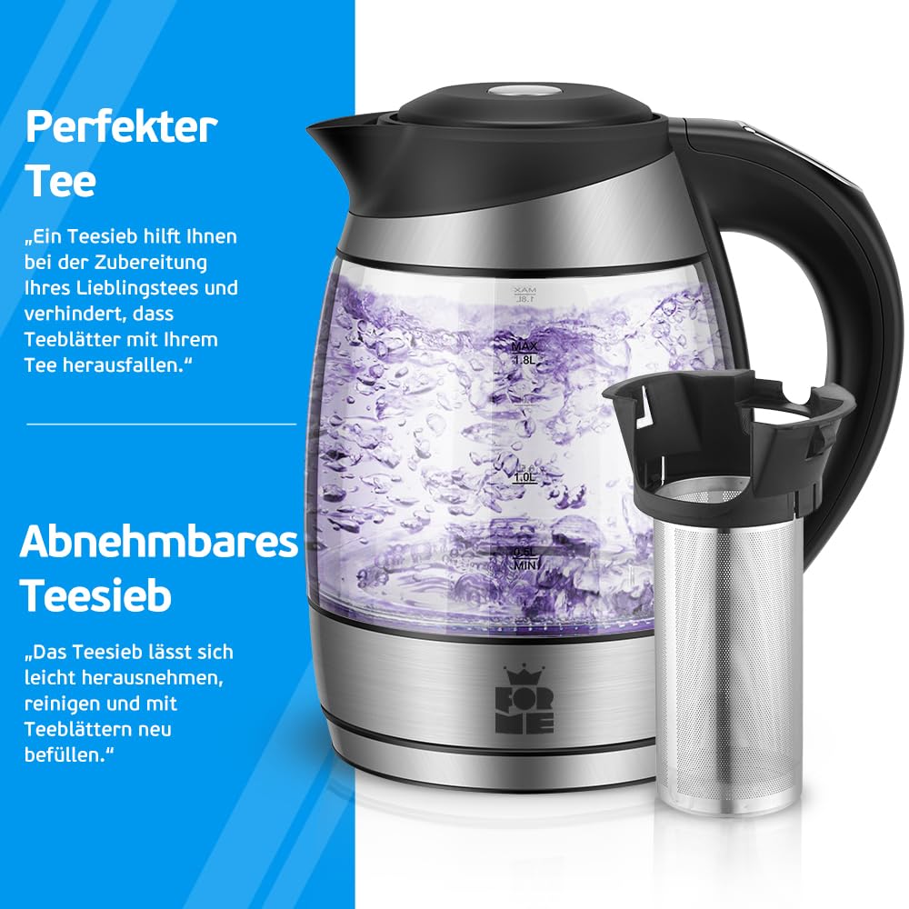 ForMe Glas Wasserkocher 1,8 Temperatureinstellung Temperaturwahl 40°C-100°C Farbwechsel LED I BPA FREI I Temperatur Einstellbar Teekocher Glaskessel Teekessel Glaswasserkocher mit Warmhaltefunktion