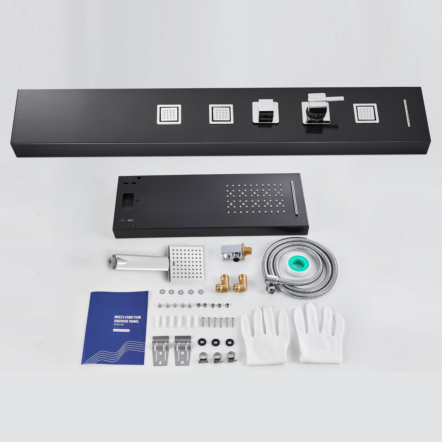 LED Duschpaneel mit Thermostat, OUGOO 6 Funktionen Duschpaneel mit Armatur, Regendusche, Wasserfalldusche, 2-Typ-Massagedüsen, Handbrause und Badewanneneinlauf, 304 Edelstahl, Schwarz