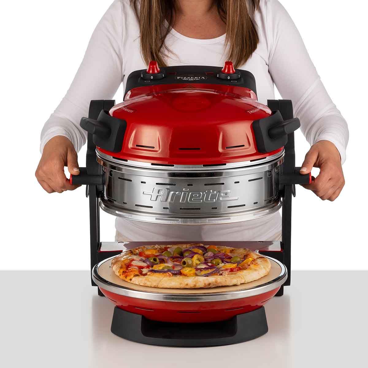 Ariete Pizzaofen 919, 4-Minuten-Pizza, Pizzaofen mit 5 Garstufen, Feuerfeste Platte zum Wiederaufwärmen, Holzbrettchen im Lieferumfang Enthalten, Max. Temperatur 400°C, 1200W, Rot