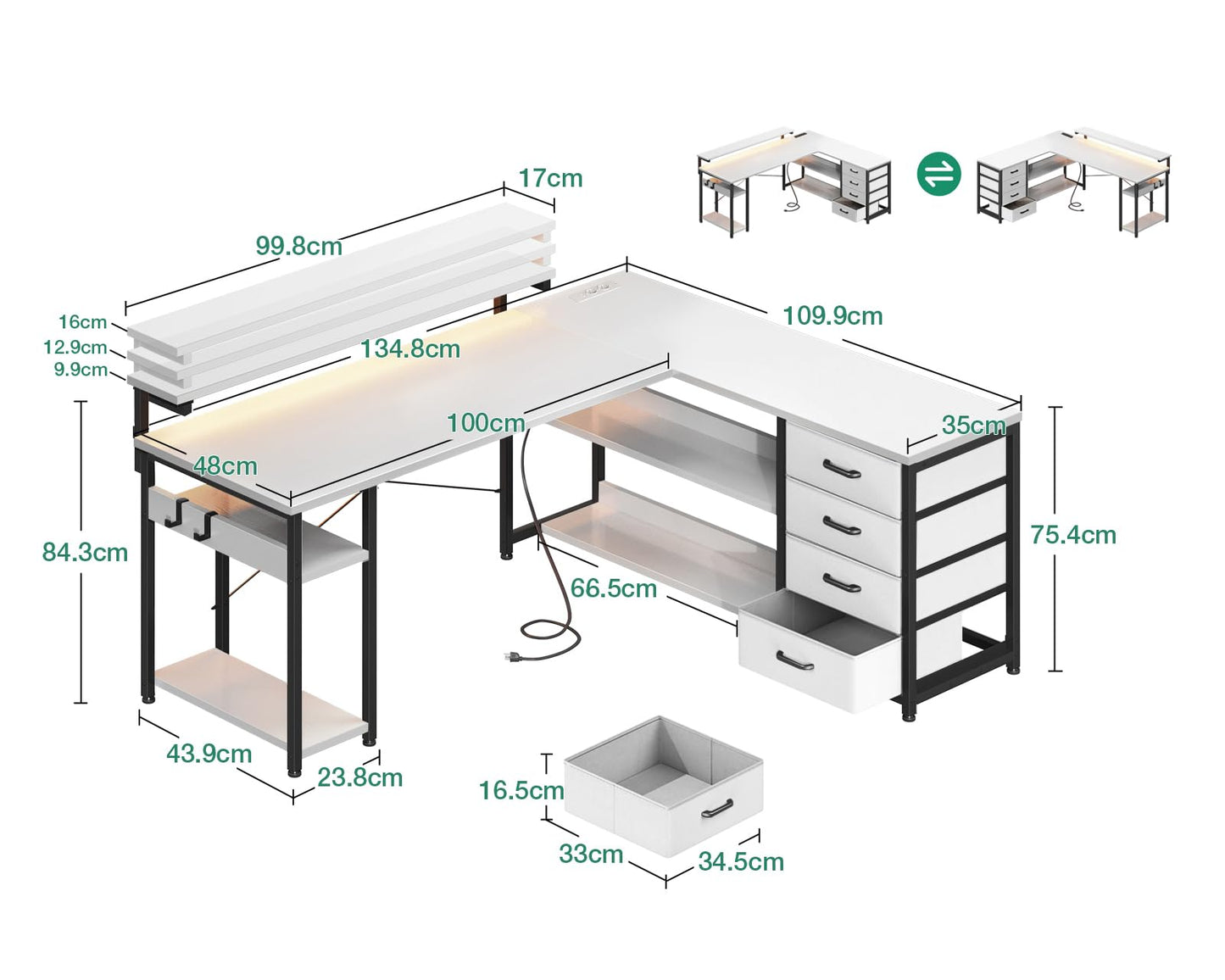 ODK Schreibtisch mit Schubladen, Reversible Eckschreibtisch mit 2 Steckdosen und 2 USB Ladeanschluss, Bürotisch L Form mit LED für Home Office 135×110cm (Schwarz)
