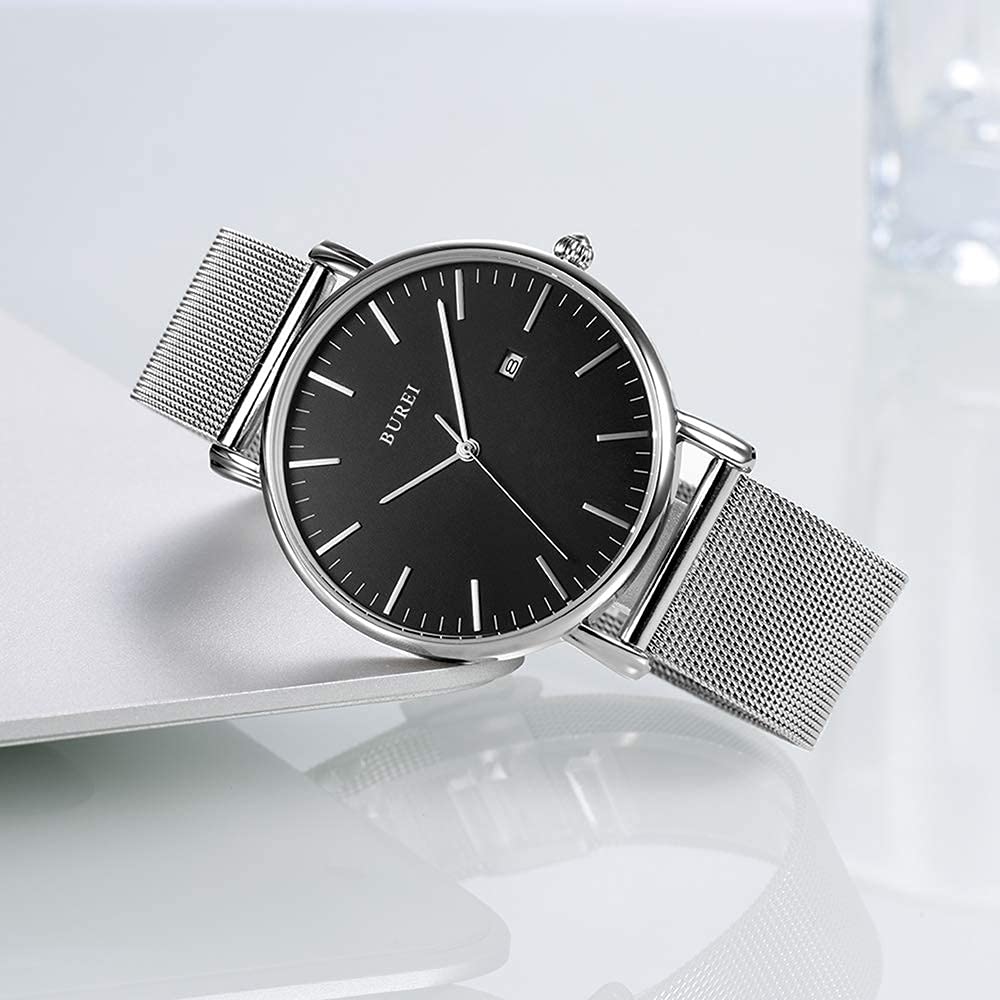 BUREI Ultra Dünne Uhren Herren Schwarze Analoges Datum Armbanduhr Herren mit Japanisches Quarzwerk, Geschenke für Männer