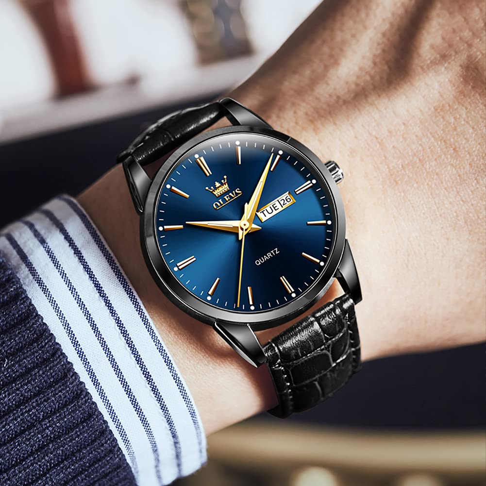 OLEVS Herrenuhren Braune Schwarz Lederarmband Quarz Uhr Männer mit Wochentag Datum Wasserdicht Leuchtende Klassische Elegantes Armbanduhr Geschenk