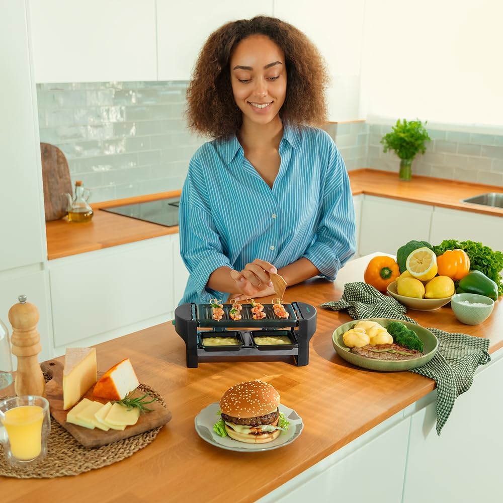 Cecotec Holz Raclette Käse & Grill 8200 Holz Schwarz. 1200 W, Grillfläche, 8 Einzelpfannen, Antihaftplatte, einstellbarer Thermostat, abnehmbares Design (Holz, AllStone)