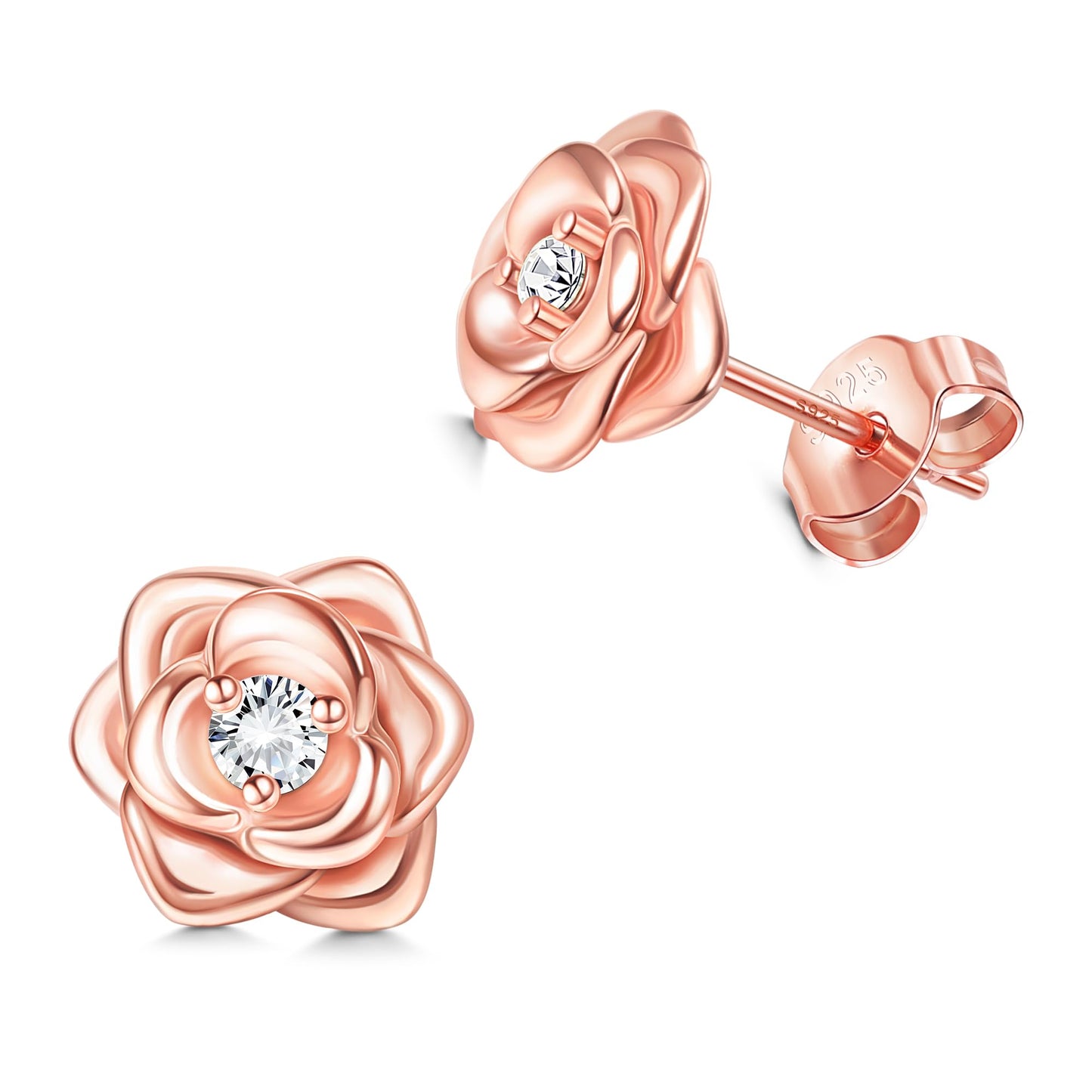 Small Rose Stud Earrings – 925 Sterling Silver with Zirconia