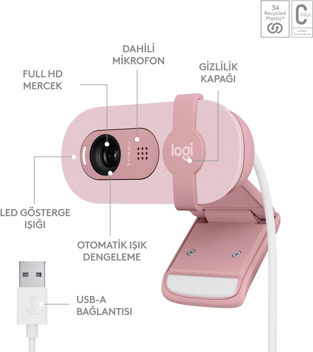 Logitech Brio 100 Full HD-Webcam für Meetings und Streaming, Auto-Lichtausgleich, integriertes Mikrofon, Abdeckblende, USB-A, für Microsoft Teams, Google Meet, Zoom und mehr - Graphit
