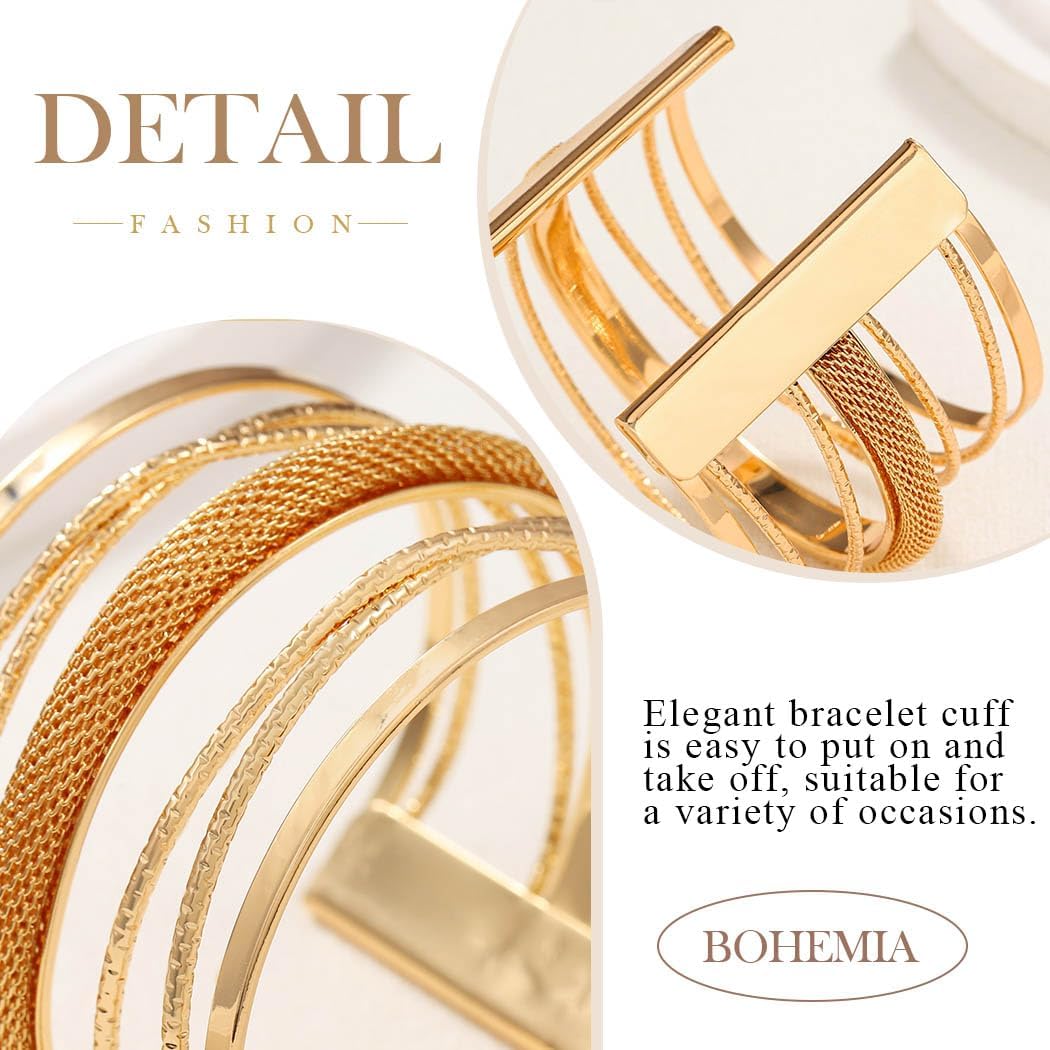 Jovono Boho Hollow Cuff Bracelet – Gold-Tone Layered Bangle