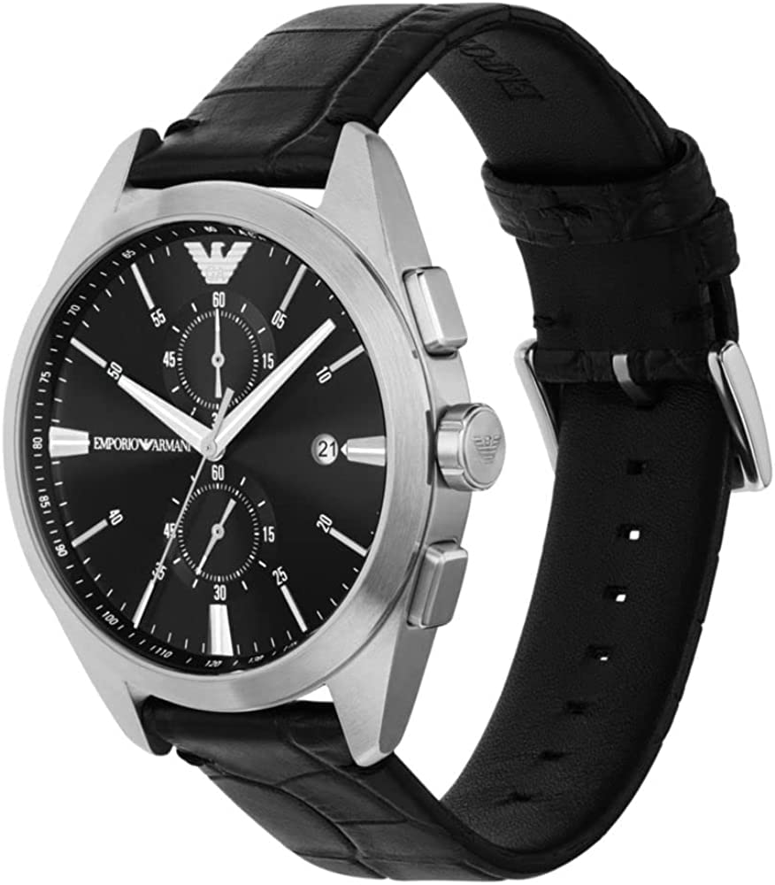 Emporio Armani Uhr für Männer, 2 Unterzifferblätter Chronographenwerk und 43mm Gehäusegröße mit Edelstahl-, Leder- oder Silikonarmband