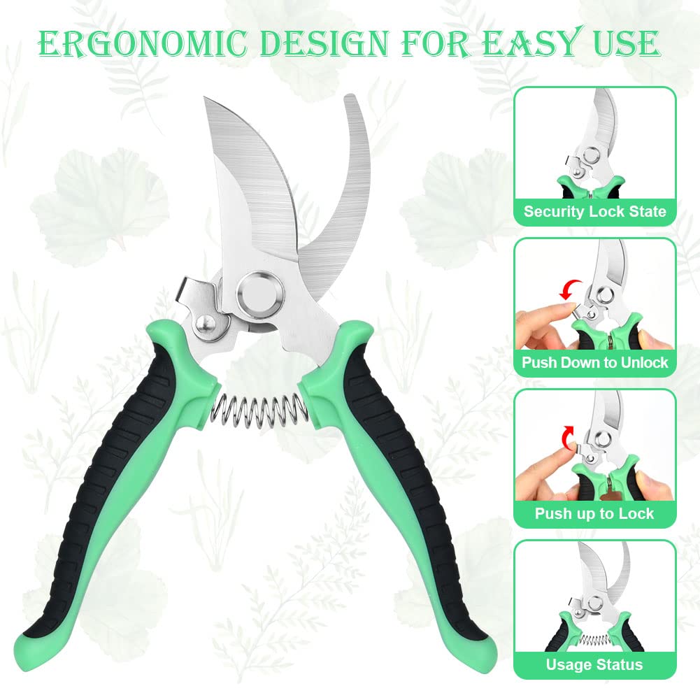 OFFCUP Gartenschere, Bypass Baumschere Bequeme, Stahl-klingen Blumenschere Und Ein Paar Grüne Handschuhe, Antihaftbeschichtet Rebschere, Edelstahl-klingen Rosenschere Für Frische Äste Und Zweige