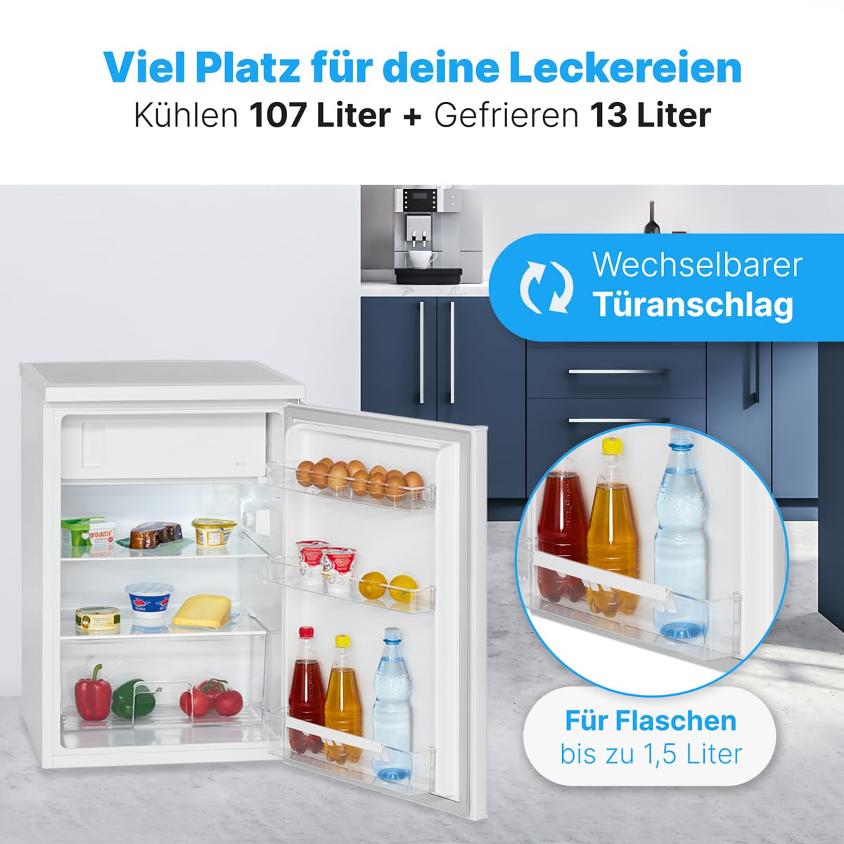 Bomann® Kühlschrank mit Gefrierfach | Kühlschrank klein mit 120L Nutzinhalt | Kühlen 107L & Gefrieren 13L | Fridge mit 3 Türablagen & 2 Glasablagen | wechselbarer Türanschlag