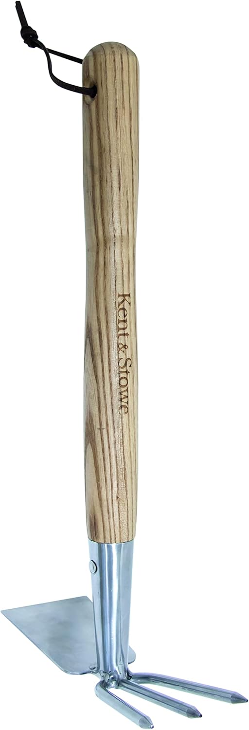 Kent & Stowe Doppelhacke – Gartenhacke aus Edelstahl, zum Belüften von Böden, Unkrautjäter mit Stiel aus Eschenholz, Länge: 37 cm