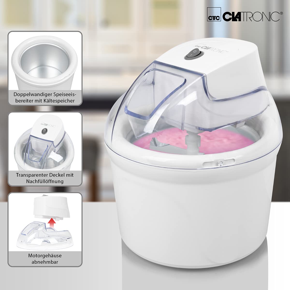 Clatronic Eismaschine | bis zu 1500 ml | Sorbet, Eiscreme, Frozen Joghurt | Zubereitungszeit: 20-40 Minuten | Inkl. Rezeptvorschläge | Nachfüllöffnung | Speiseeisbereiter mit Kältespeicher | ICM 3764