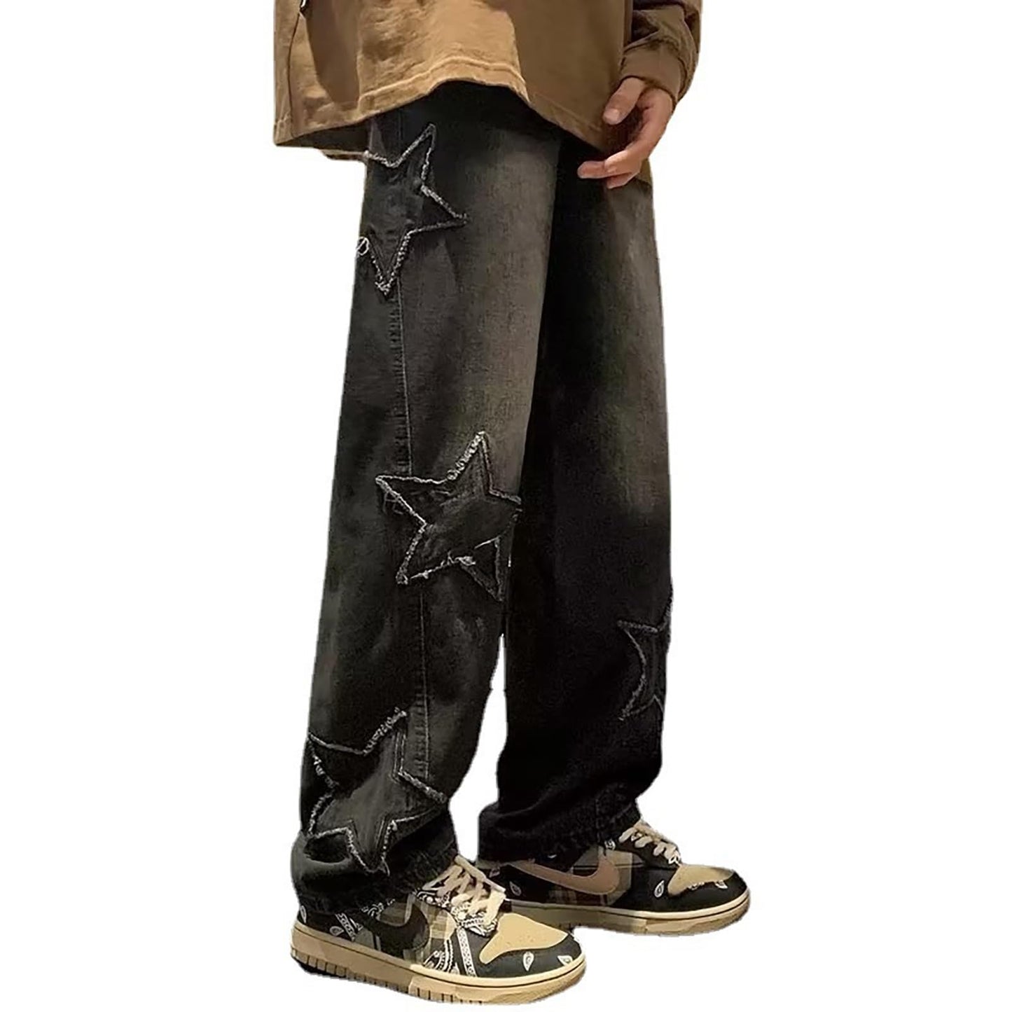 Y2K Vintage Effect Baggy Jeans for Men with Cross Print