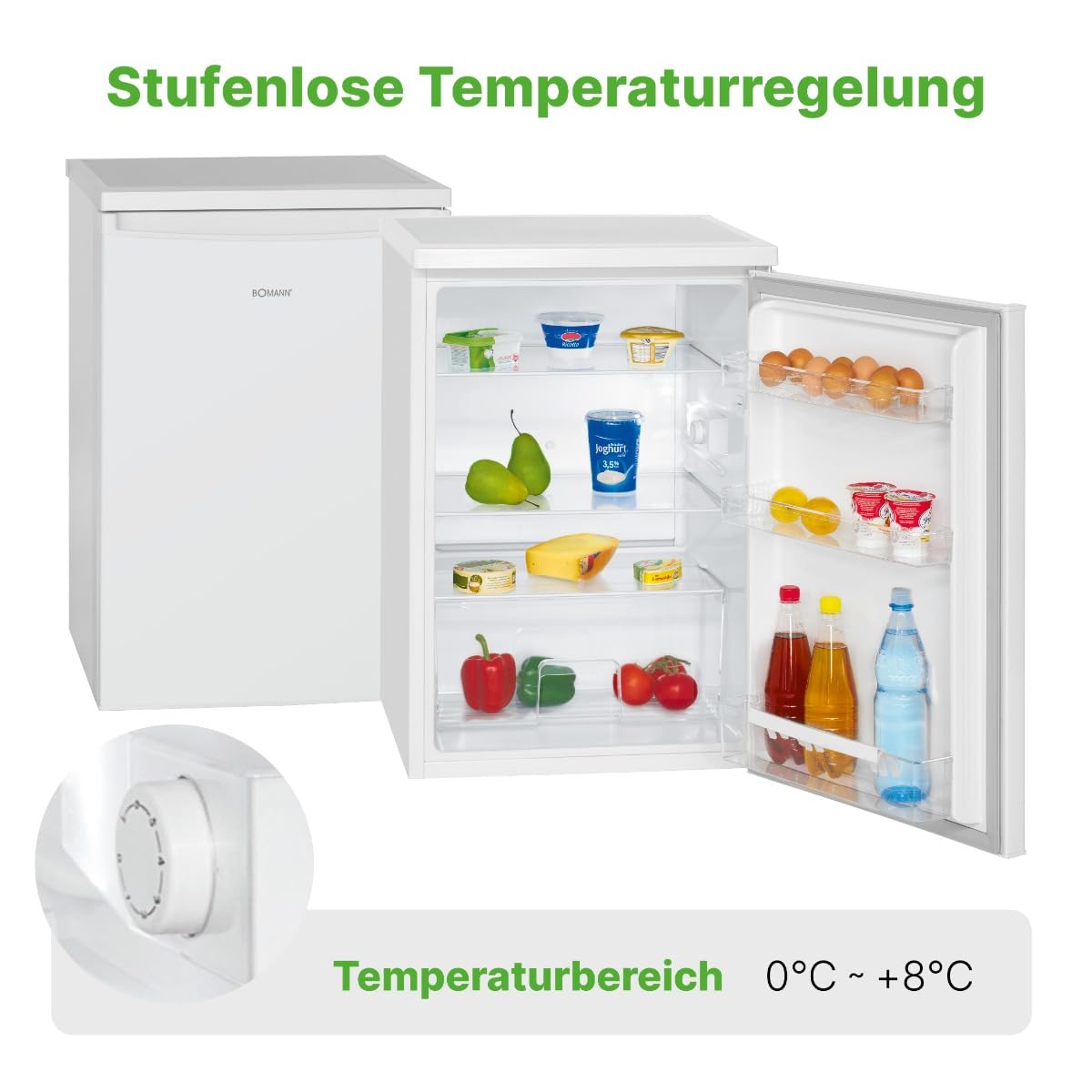Bomann® refrigerator without freezer compartment with 133L usable capacity | 3 shelves | small with vegetable compartment & changeable door hinge | quiet table refrigerator | H: 84.5 x W: 56 x D: 57.5cm | VS 2185.1 inox