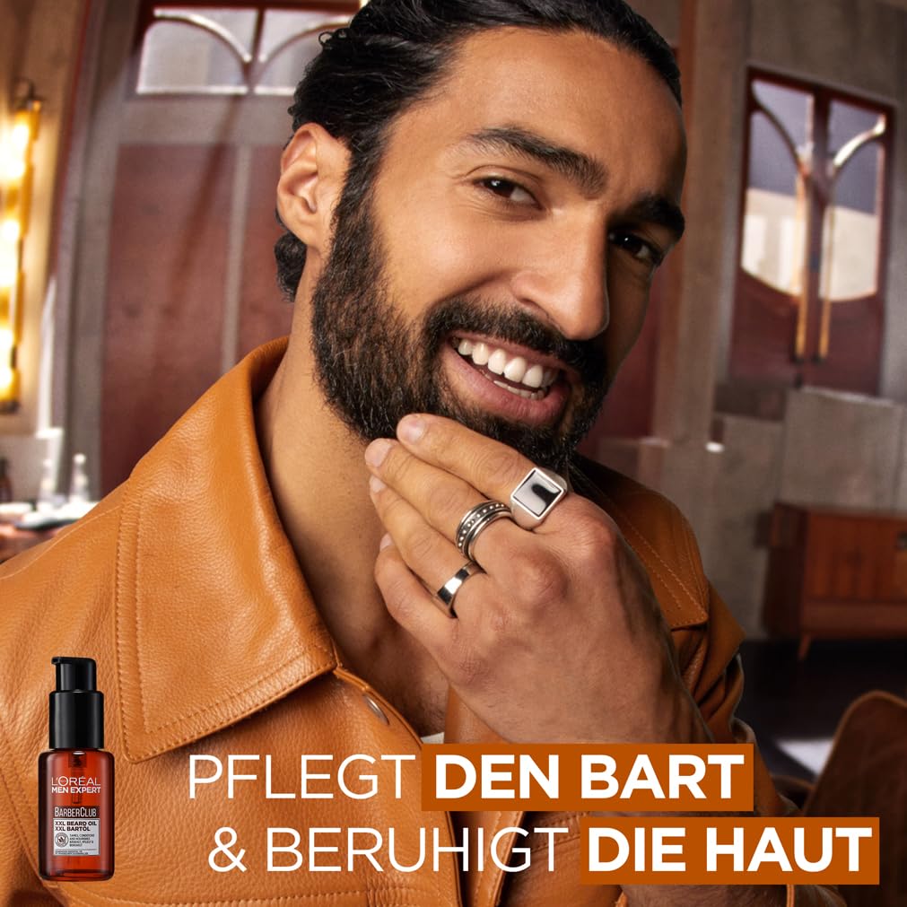 L'Oréal Men Expert XXL Bartöl für Männer, Unterstützung beim gesunden Bartwachstum, Beruhigende Bartpflege für Herren mit Zedernholzöl, Barber Club, 1 x 50 ml