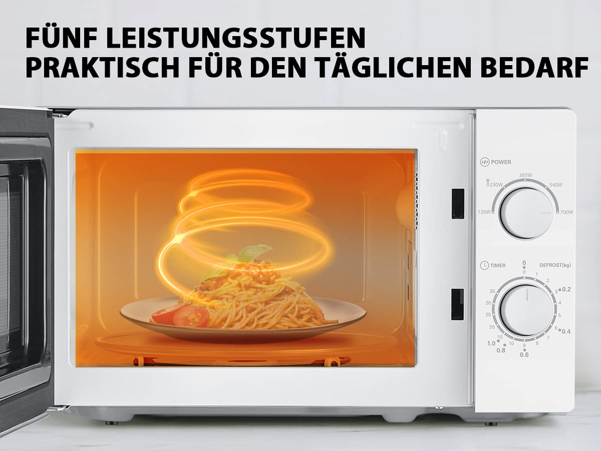 Comfee CMSN 20 wh Mikrowelle / Solo-Mikrowelle mit 5 Leistungsstufen/ Innenbeleuchtung/ easy Defrost/360°Drehteller / Zwei Drehregler/20L/700W/ Weiß, Mechanisch