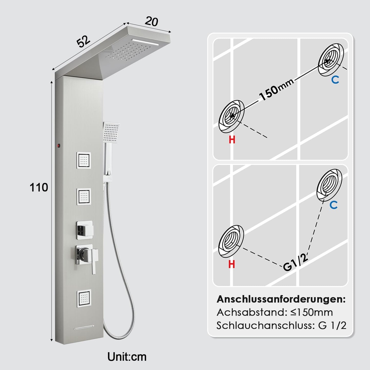 LED Duschpaneel mit Thermostat, OUGOO 6 Funktionen Duschpaneel mit Armatur, Regendusche, Wasserfalldusche, 2-Typ-Massagedüsen, Handbrause und Badewanneneinlauf, 304 Edelstahl, Schwarz