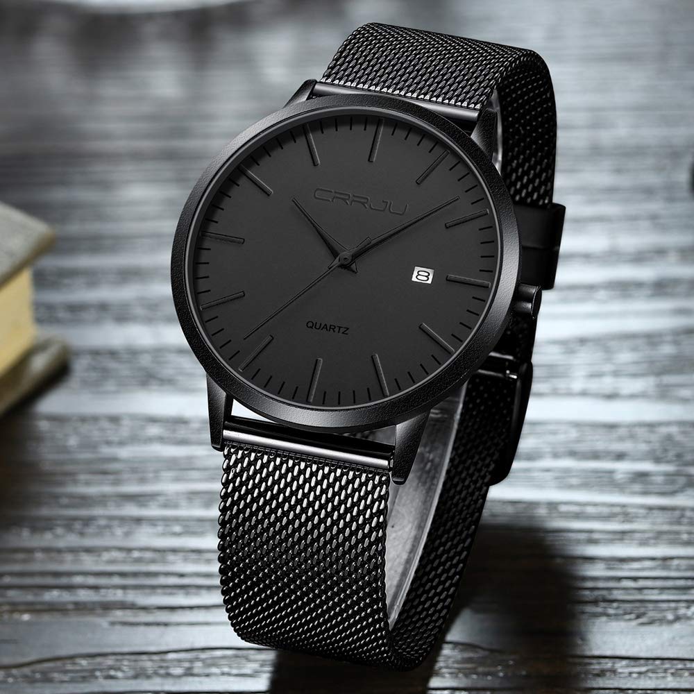 CRRJU Herren Uhr Ultra Dünne Wasserdicht Armbanduhr Herren Mode mit Schwarz Edelstahlband Mesh Analog Quarz Business Männer Uhren
