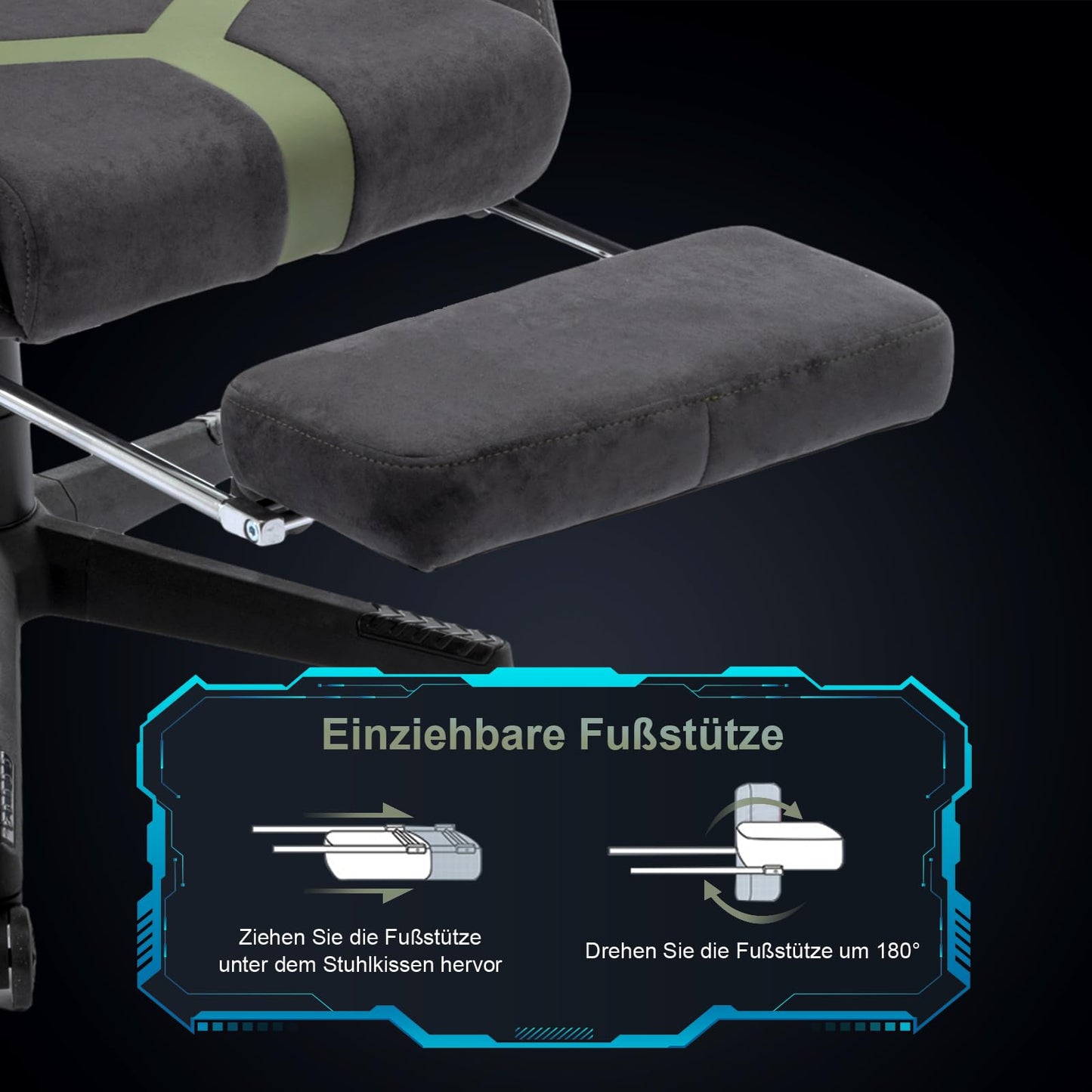 STARUZI Gaming Stuhl aus Wildlederimitat Stoff, Ergonomischer PC Stuhl, Gamer Stuhl mit Fußstütze, Atmungsaktiver Game Drehsessel mit Verstellbare Armlehne, Grau-Grün
