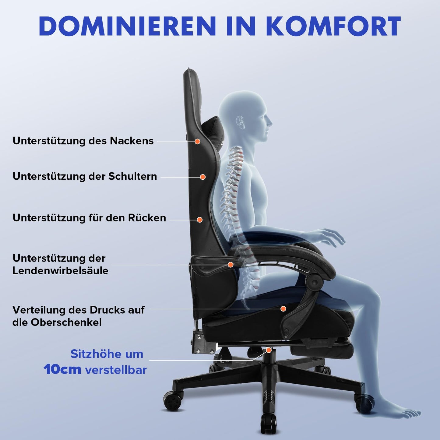LUCKRACER Gaming Stuhl mit fußstütze Bürostuhl Ergonomisch mit verstellbare Lendenkissen, Kopfkissen Gaming Chair,Höhenverstellbarer Gamer Stuhl, 150 kg Belastbarkeit Grau