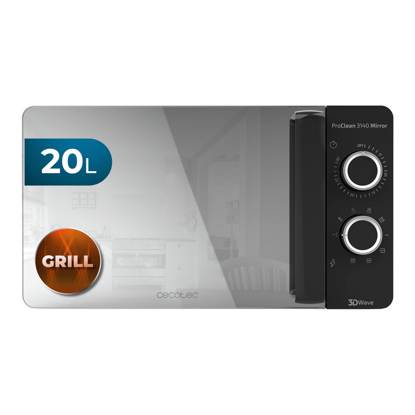 Cecotec Mikrowelle Pro Clean 5110 Inox. 700 W, Grill 800 W, 20 L, Ready 2 Clean, Beschichtung 3D Wave Frontspiegel, 8 Programme,60 Min Timer, LED, Edelstahl In Silber Schwarz