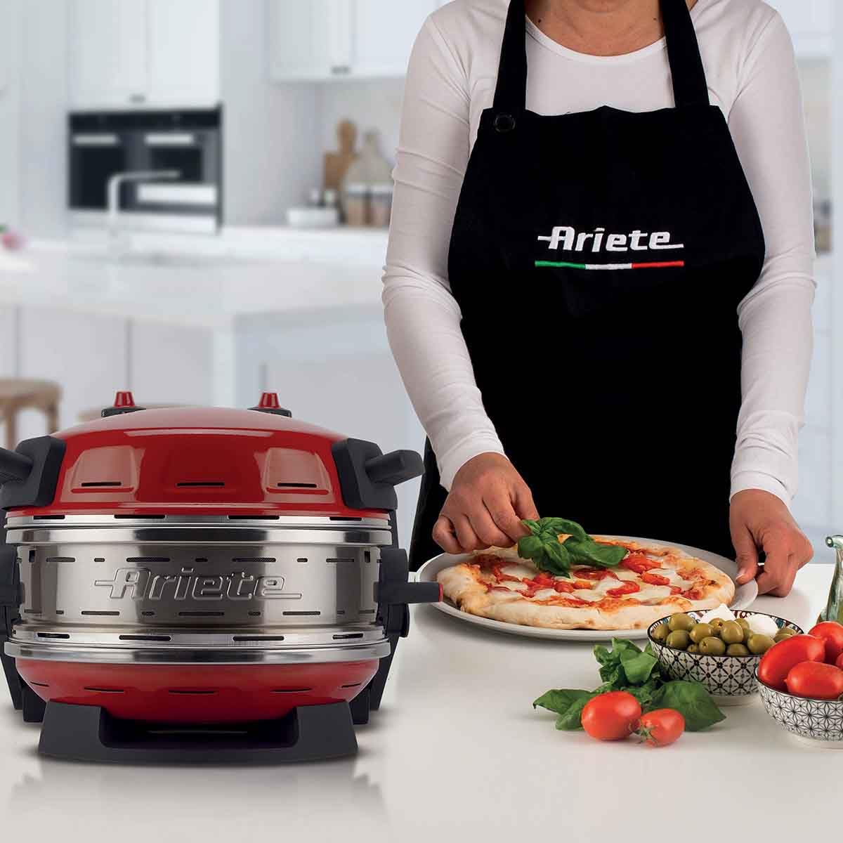 Ariete Pizzaofen 919, 4-Minuten-Pizza, Pizzaofen mit 5 Garstufen, Feuerfeste Platte zum Wiederaufwärmen, Holzbrettchen im Lieferumfang Enthalten, Max. Temperatur 400°C, 1200W, Rot