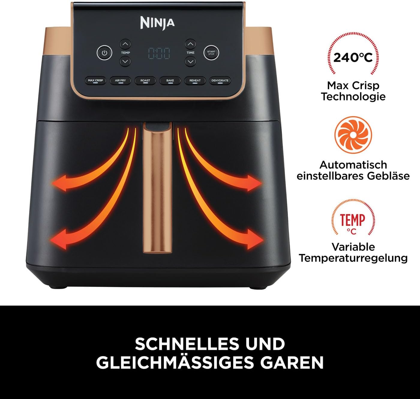 Ninja Heißluftfritteuse MAX PRO, 6,2 L, ölfrei, große Schublade, Rösten, Backen, Air Fry, Antihaftbeschichtet, Spülmaschinenfester Korb & Crisper Gittereinsatz, Silikonzange, Schwarz/Kupfer, AF180EUCP