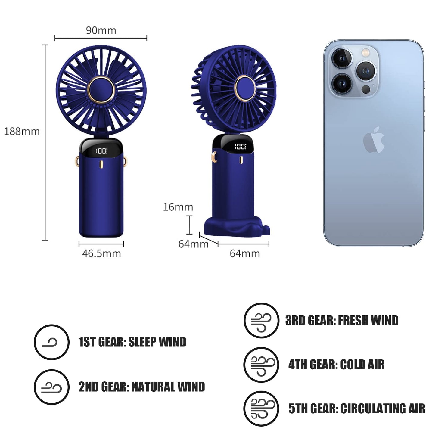 Jsdoin Handventilator, Tragbarer Mini Ventilator, Wiederaufladbar, Kleiner Taschenventilator Mit 5 Geschwindigkeitsstufen, Faltbarer USB-Ventilator für Büro, Outdoor (Dunkelblau)
