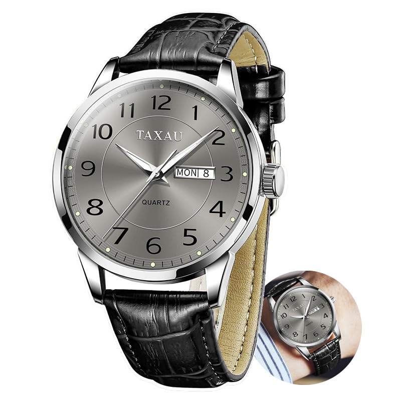 Taxau Klassische Lederuhren für Männer Analog Quartz Big Dial Luxus Armbanduhren Wasserdicht Luminous Day Date Reloj para Hombre