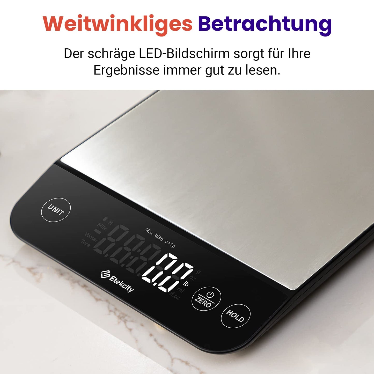 ETEKCITY Küchenwaage, digital 5KG mit großem LCD-Display,Digitalwaage, Briefwaage mit Großer Edelstahl Wiegefläche, Flüssigkeitsmessung, hohe Präzision auf bis zu 1g, Tara-Funktion, Silber