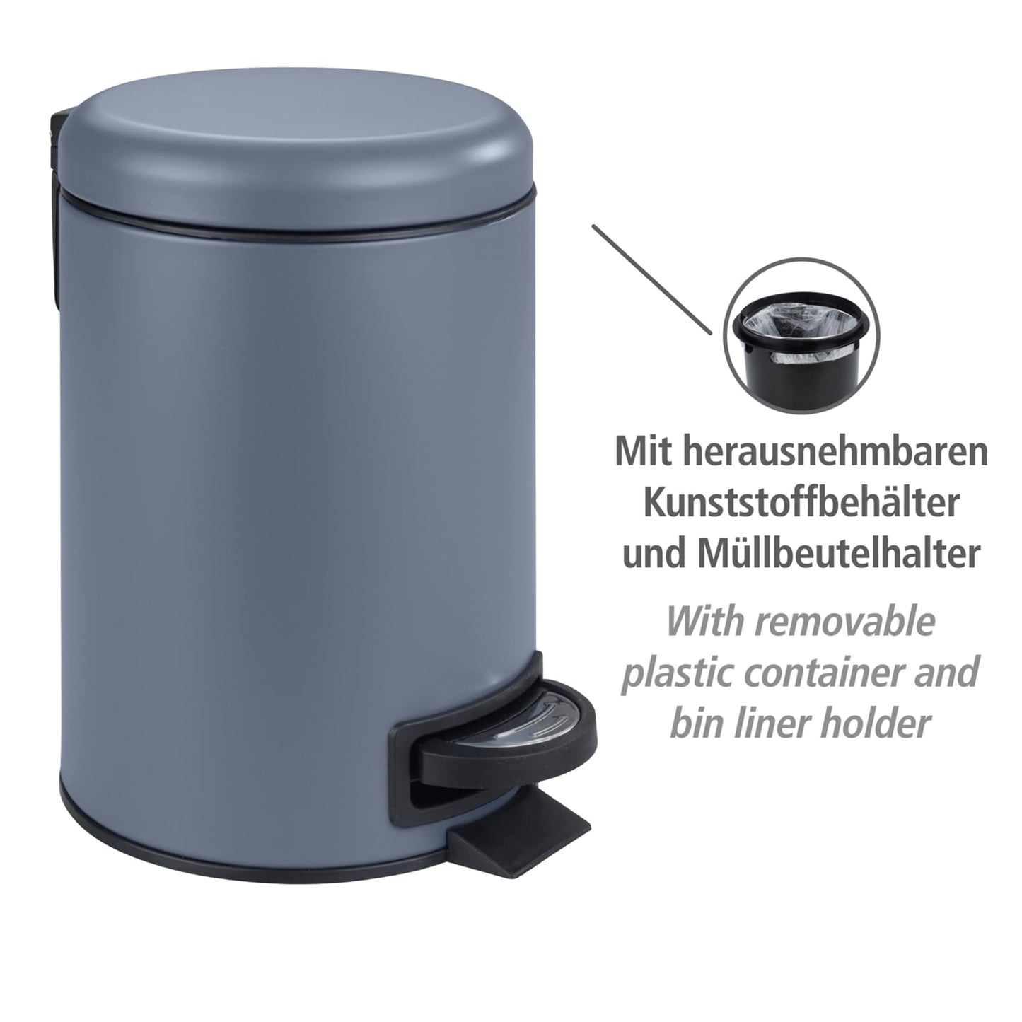 WENKO Treteimer Mod. Leman 3 Liter mit herausnehmbarem Einsatz aus lackiertem Stahl ideal für Badezimmer oder Küche 17 x 25 x 22,5 cm Schwarz matt