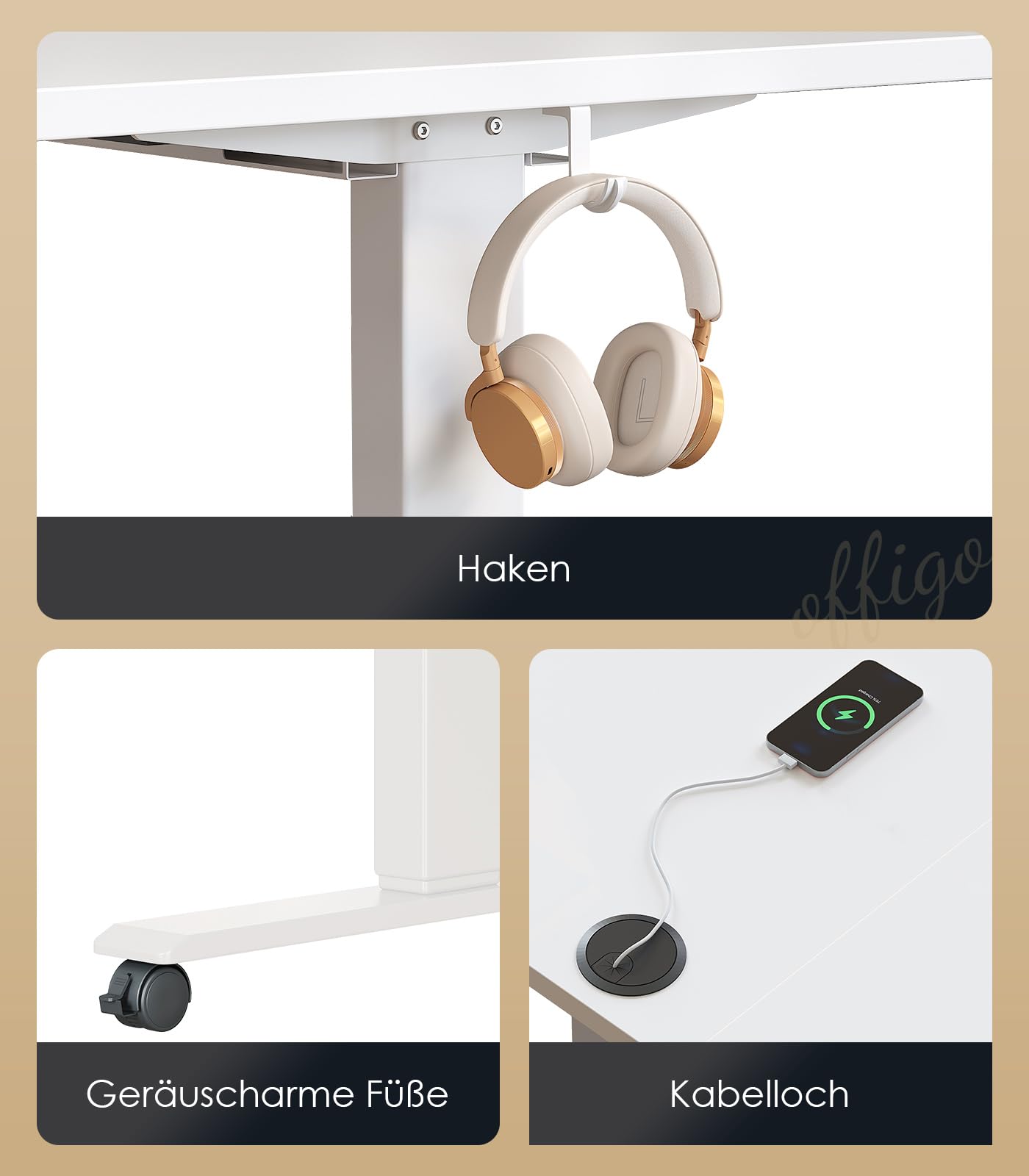 OffiGo Höhenverstellbarer Schreibtisch, 180cm, Elektrischer Schreibtisch mit USB, Schreibtisch Höhenverstellbar mit 2 Memory Funktion, Tisch Höhenverstellbar für Büro, Zuhause, Gaming, Schwarz