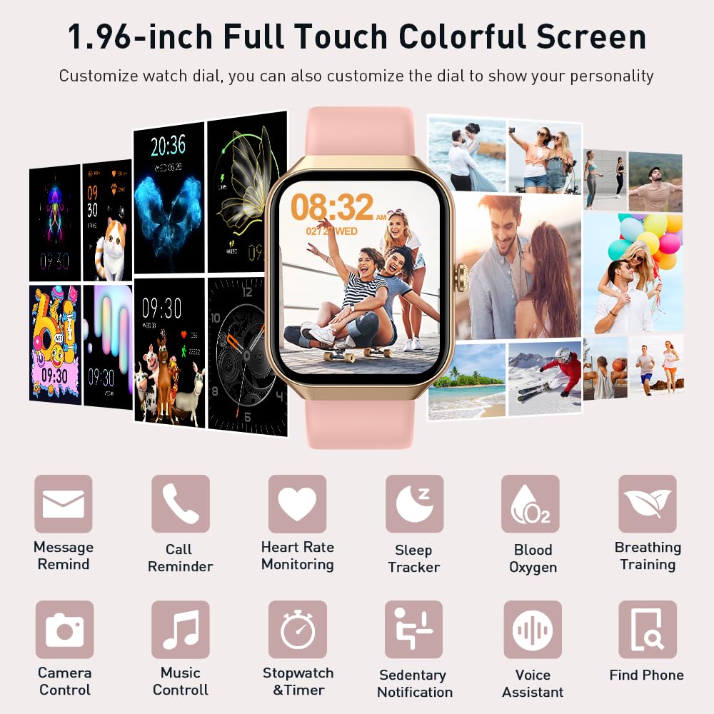 Smartwatch Herren Damen, 2025 HD 1,96" Fitnessuhr Smart Watch mit Telefonfunktion, 115+ Sportmodi Schrittzähler Armbanduhr, Herzfrequenz SpO2 Schlafmonitor, IP68 Wasserdicht Sportuhr für Android iOS