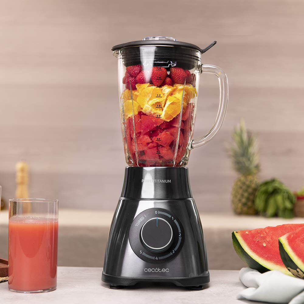 Cecotec Standmixer Power Black Titanium 1800MAX Blend It, 1800 W maximale Leistung, 5 Geschwindigkeiten, 6 Klingen aus Edelstahl, Ice-Crush-Funktion, Turbo- und Smoothie-Funktion, AutoClean-Funktion