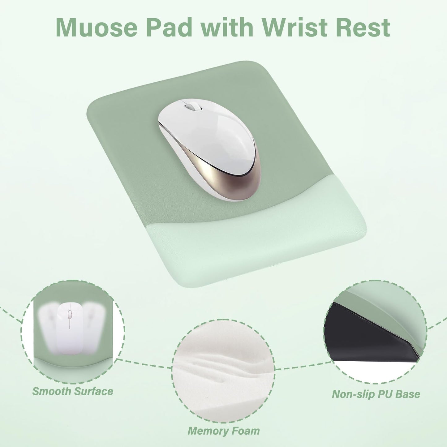 MOSISO Handgelenkstütze für Mauspad&Tastatur Set, Rechteckig Ergonomisch Mauspad Rutschfest Basis Home/Büro Schmerzlinderung&Typing Kissen mit Neopren Cloth&Erhöht Gebogen Memory Schaum,Grün