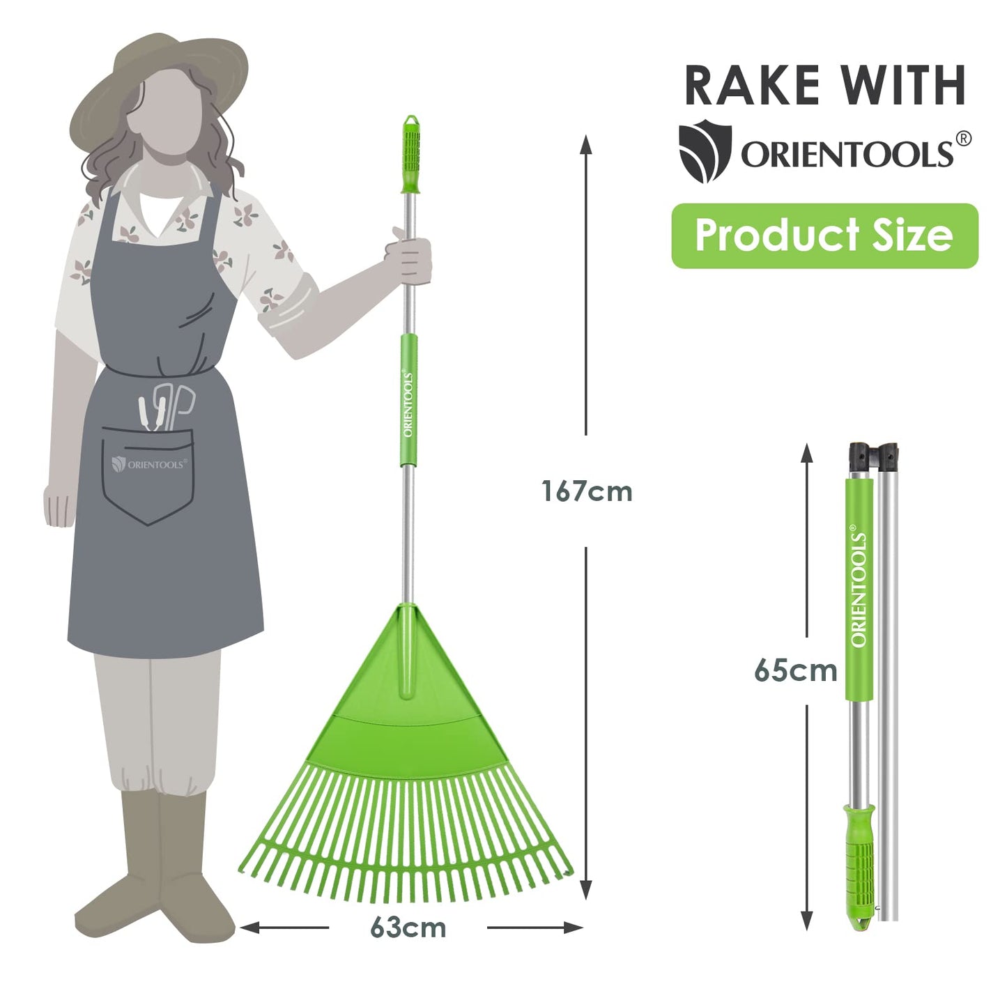 ORIENTOOLS Garten Laubrechen, Garten Rechen für Rasen Laub mit verstellbarem Griff 107 bis 156 cm Rechen, 22 Starke Zinken Kunststoff Kopf Strauch Rechen, Landschaftsbesen für Rasen und Blätter