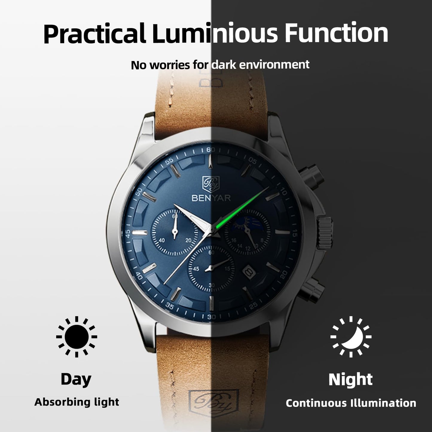 BY BENYAR Uhren Herren Chronograph Analog Quarz Wasserdicht Armbanduhr Herren Mode Lässig Business Herrenuhr mit Kalender Lederarmband/Edelstahlarmband Uhr Geschenk für Männer