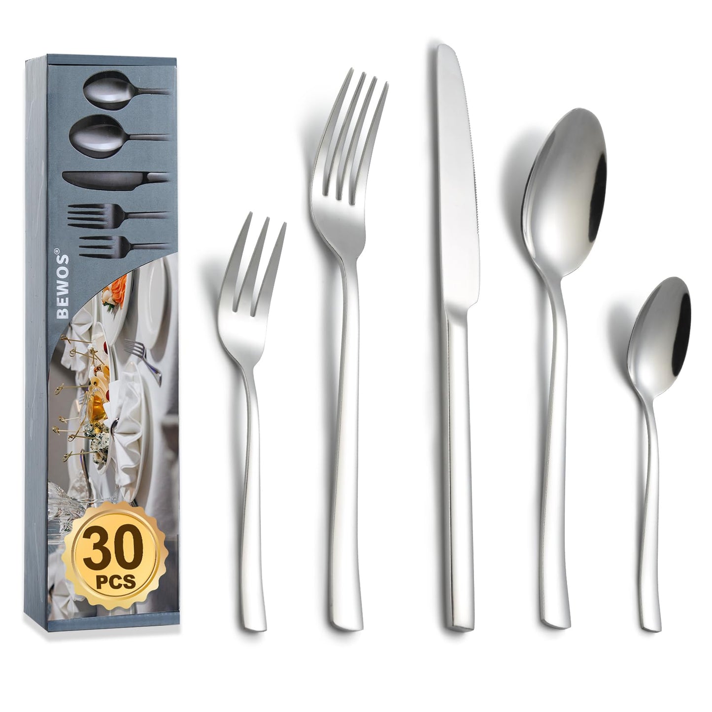 BEWOS Besteck Set für 6 Personen, 30 teilig Essbesteck Set inkl. Messer, Gabel, Löffel, Besteck Edelstahl Spiegelpoliert, Spülmaschinenfest