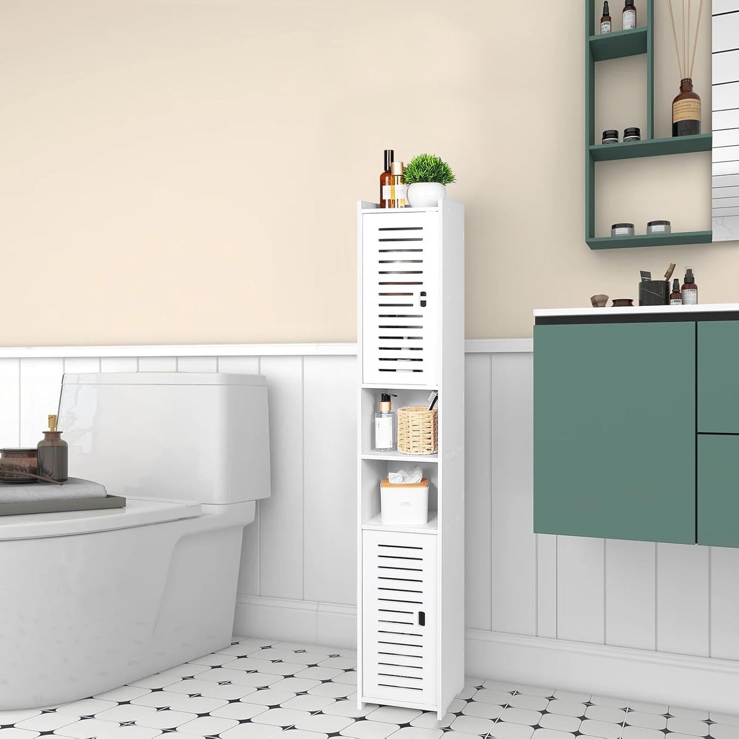 AIKTOTA Bathroom Cabinet, Freestanding Storage Cabinet with Door and Shutters, Waterproof Bathroom Furniture Cabinet for Living Room, Bedroom, Kitchen, etc., White (26 x 22 x 118 cm)