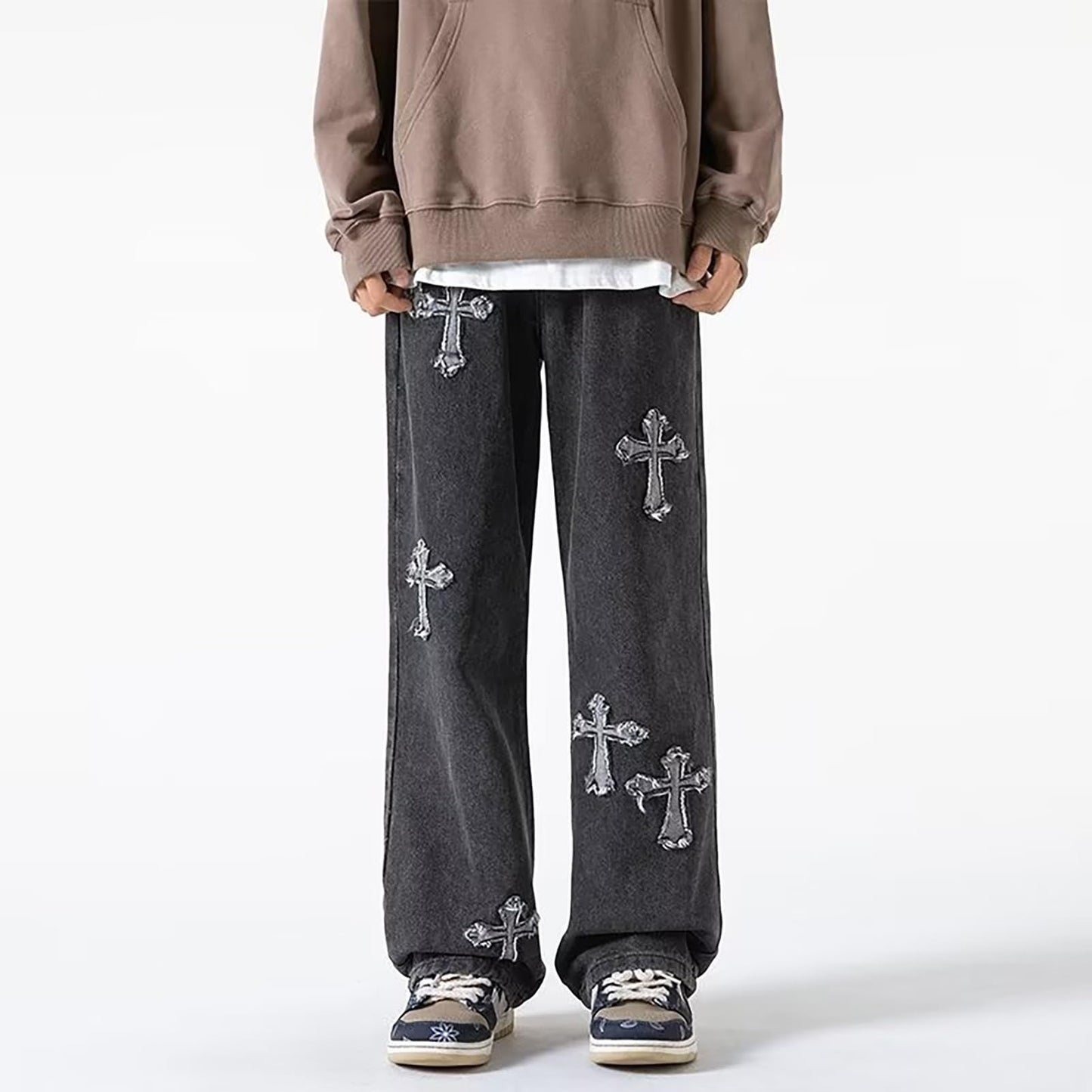 Y2K Vintage Effect Baggy Jeans for Men with Cross Print