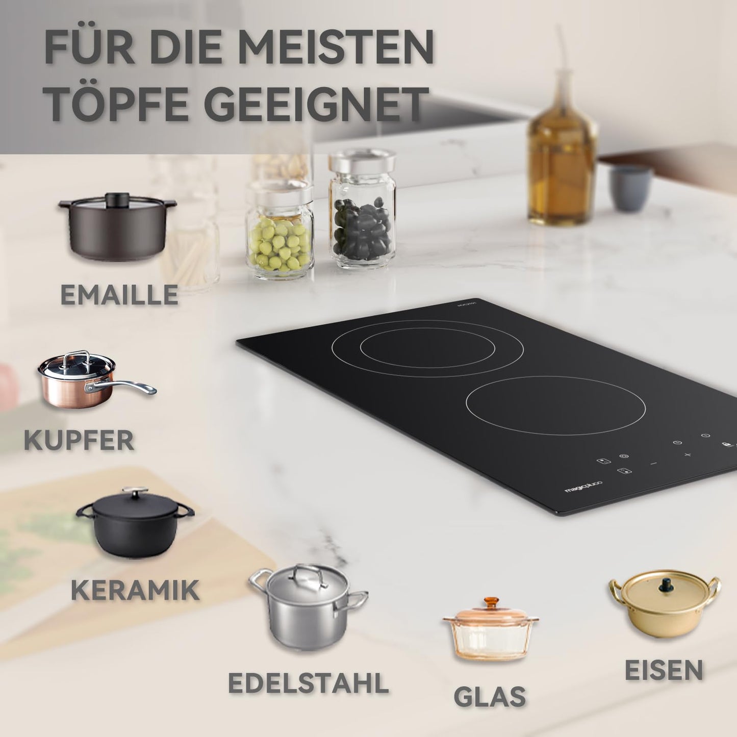 magicplux Glaskeramikkochfeld mit 4 kochfelder 59cm, Duale und Ovale Zonen, 15 Heizstufen, Berührungssteuerung, Kindersicherung, Timer, Geeignet für alle Kochgeschirre, 7200W