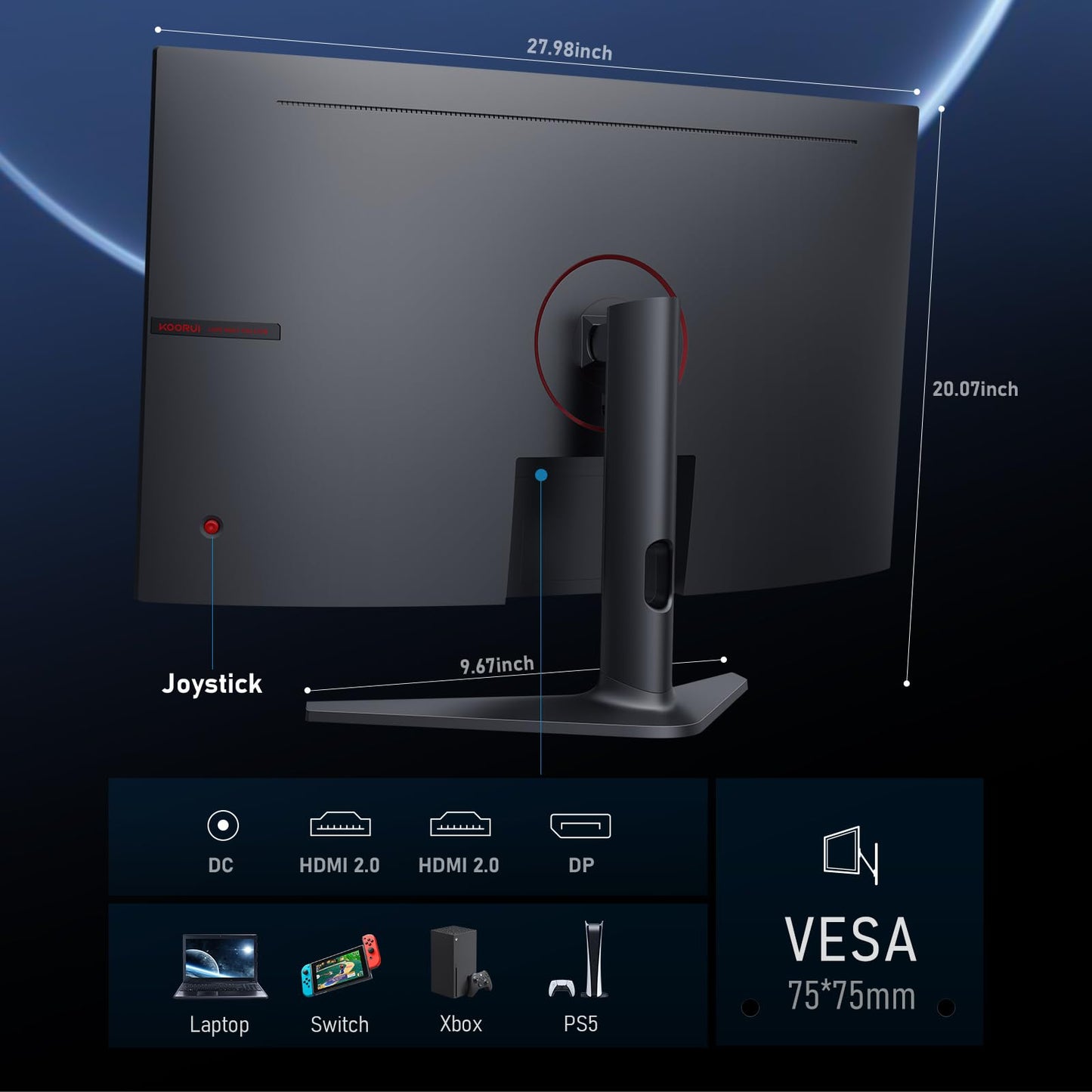KOORUI 24 Zoll Curved Gaming Monitor, FHD 1080p, 1ms Reaktionszeit,180Hz Bildwiederholraten, HDMI 2.0/DP 1.2, 250cd/m² Helligkeit