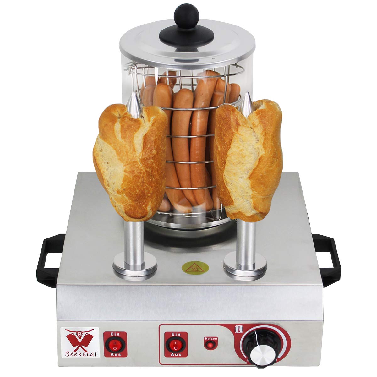 Beeketal 'BHG06b' professional gastro hot dog maker with 2 heating skewers and 140 mm basket diameter, stainless steel hot dog machine for heating sausages and warming up hot dog buns, stainless steel version