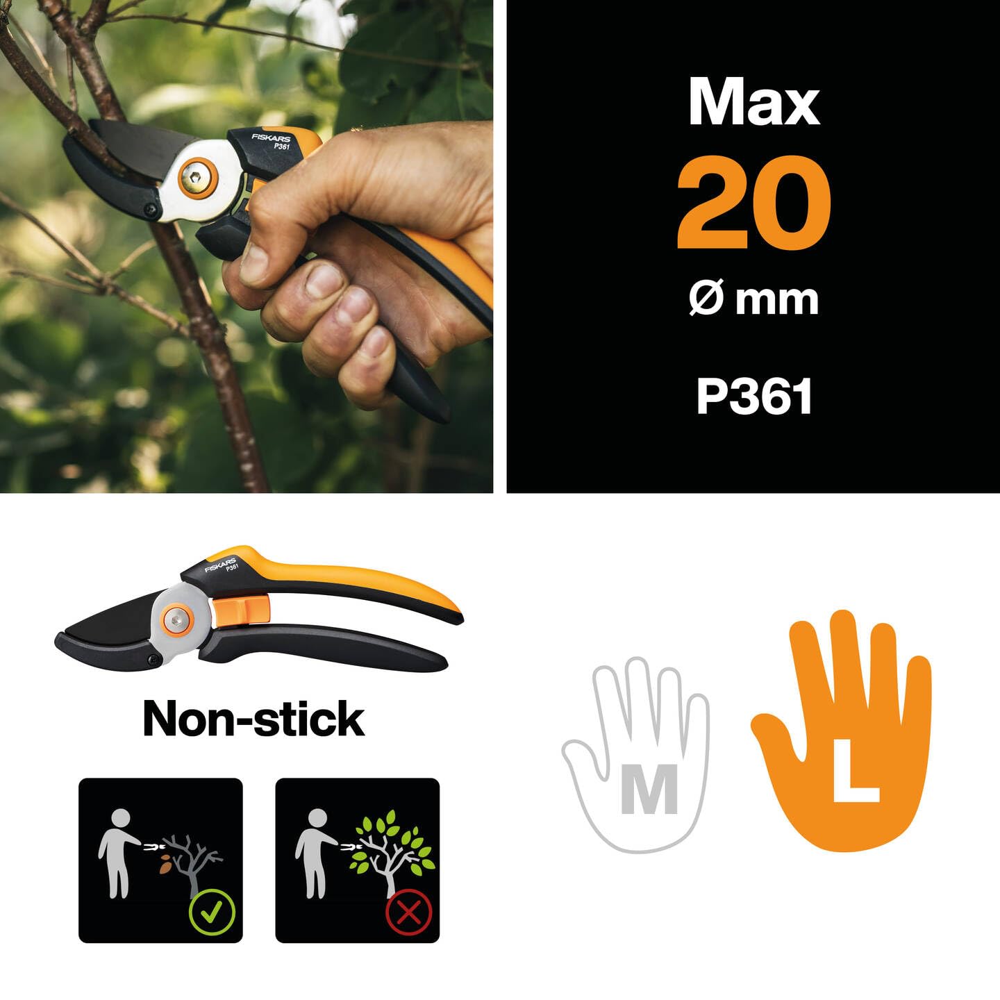Fiskars Bypass-Gartenschere für frische Äste und Zweige, Antihaftbeschichtet, Hochwertige Stahl-Klingen, Länge: 20 cm, Schwarz/Orange, SingleStep