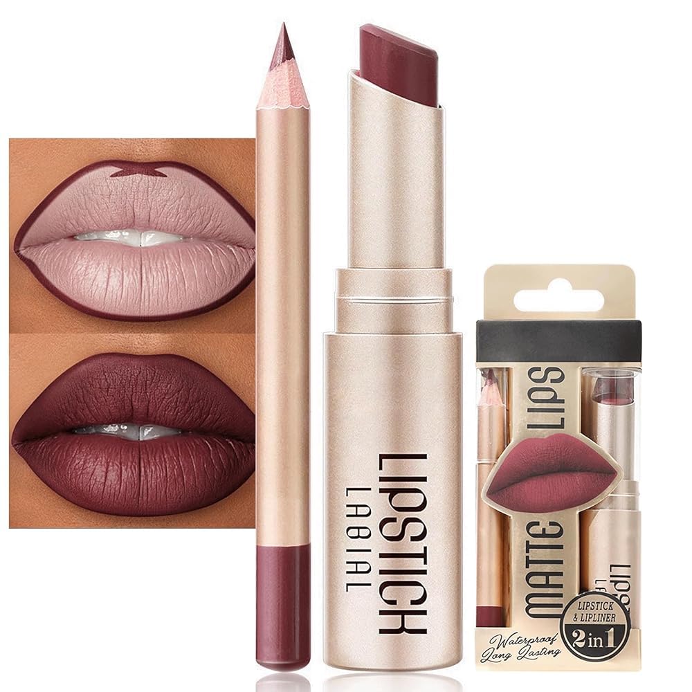 Lipstick Lipliner Set Matte Lipstick Lip Liner Long-Lasting Waterproof Vegan Gluten-Free (Nude Brown Shades)