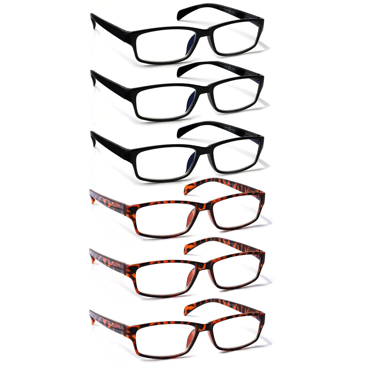COJWIS Lesebrille 6 Pack herren und Damen Qualität Feder Scharnier Blaulichtfilter Leser Brille(6 Farbe Mischen-1, 2.00)
