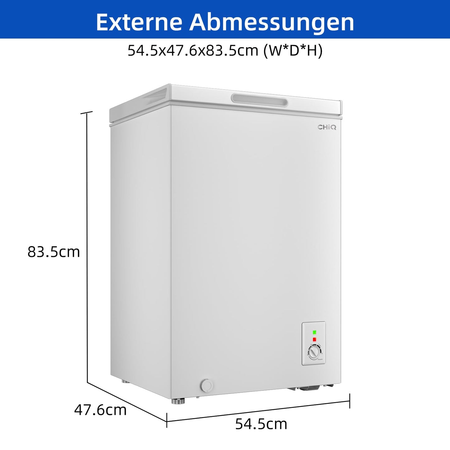 CHiQ Gefriertruhe 99 L, 54,5 x 47,6 x 83,5 cm, 4-Sterne-Gefrieren, Thermostatsteuerung, Drahtgestell, Schwebetür, Geräuscharm, Weiß