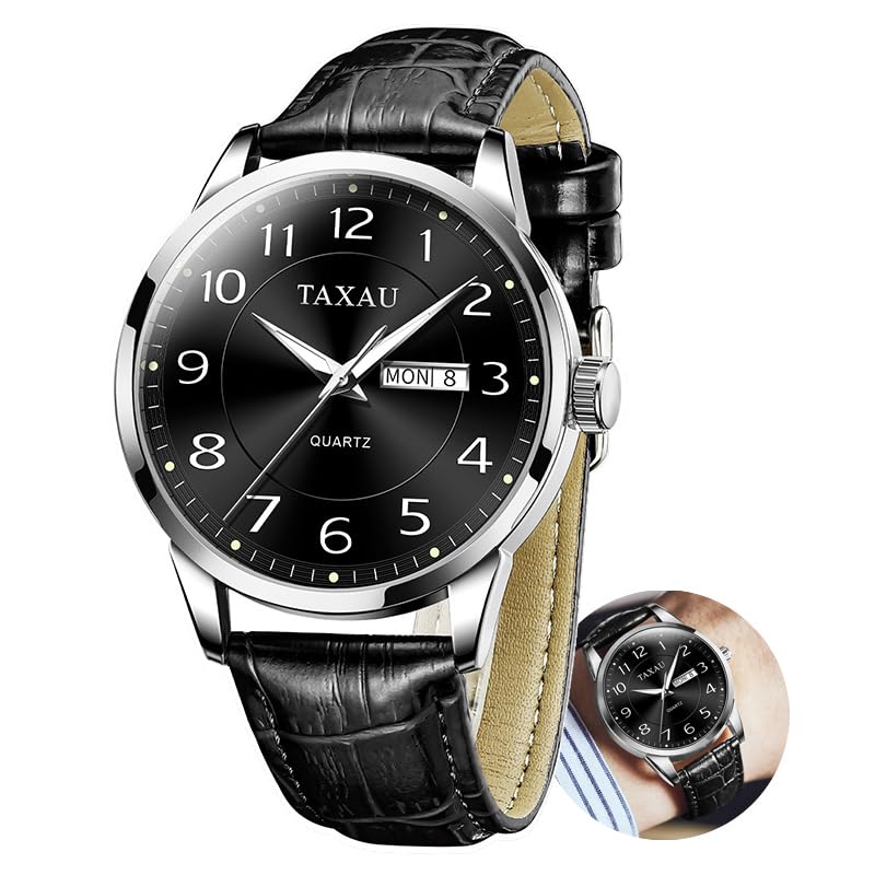 Taxau Klassische Lederuhren für Männer Analog Quartz Big Dial Luxus Armbanduhren Wasserdicht Luminous Day Date Reloj para Hombre