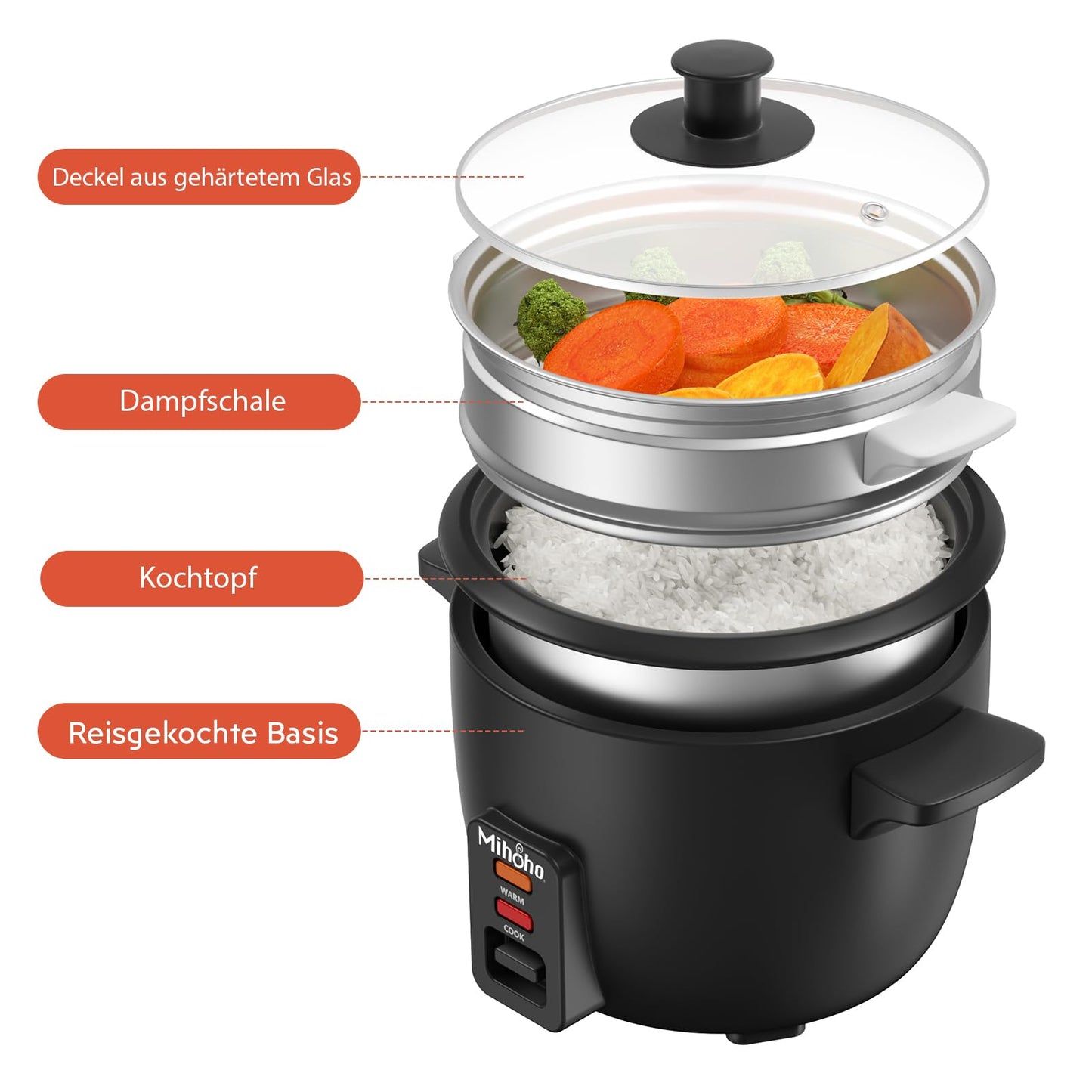 Reiskocher 2L, elektrischer Reiskocher Edelstahlschüssel mit Glasdeckel, Warmhaltefunktion |Dampfgarfunktion ,inkl Dämpfeinsatz, Löffel, Messbecher (schwarz A)