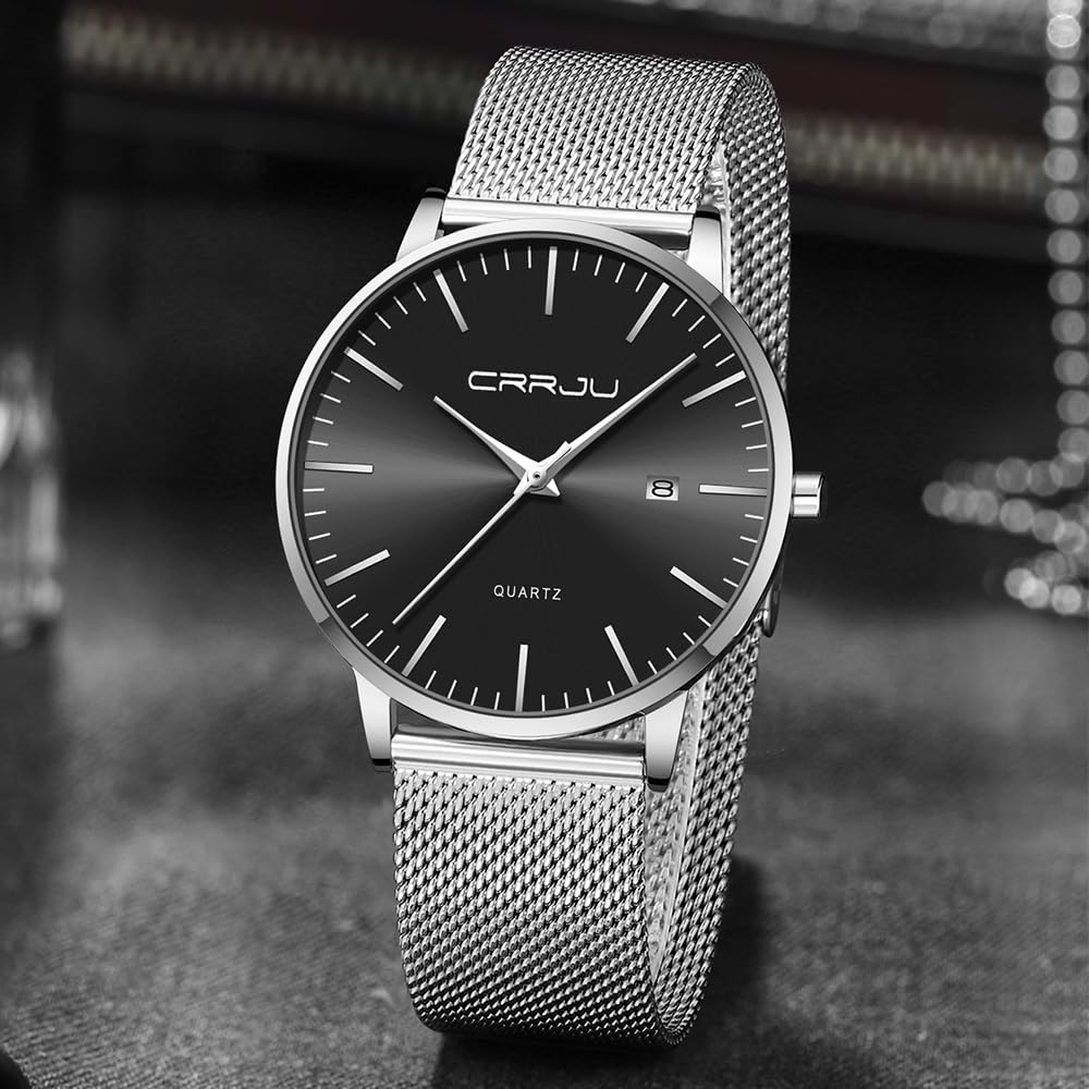 CRRJU Herren Uhr Ultra Dünne Wasserdicht Armbanduhr Herren Mode mit Schwarz Edelstahlband Mesh Analog Quarz Business Männer Uhren