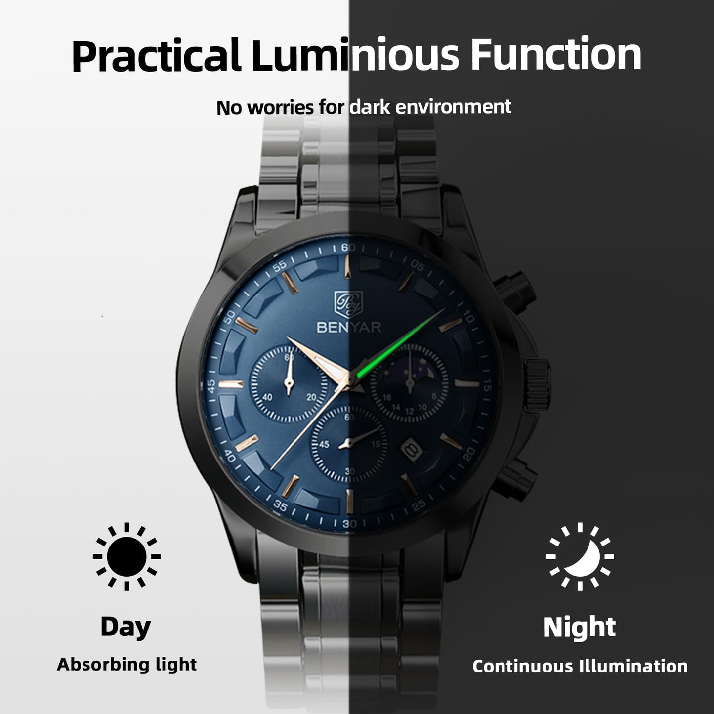 BY BENYAR Uhren Herren Chronograph Analog Quarz Wasserdicht Armbanduhr Herren Mode Lässig Business Herrenuhr mit Kalender Lederarmband/Edelstahlarmband Uhr Geschenk für Männer